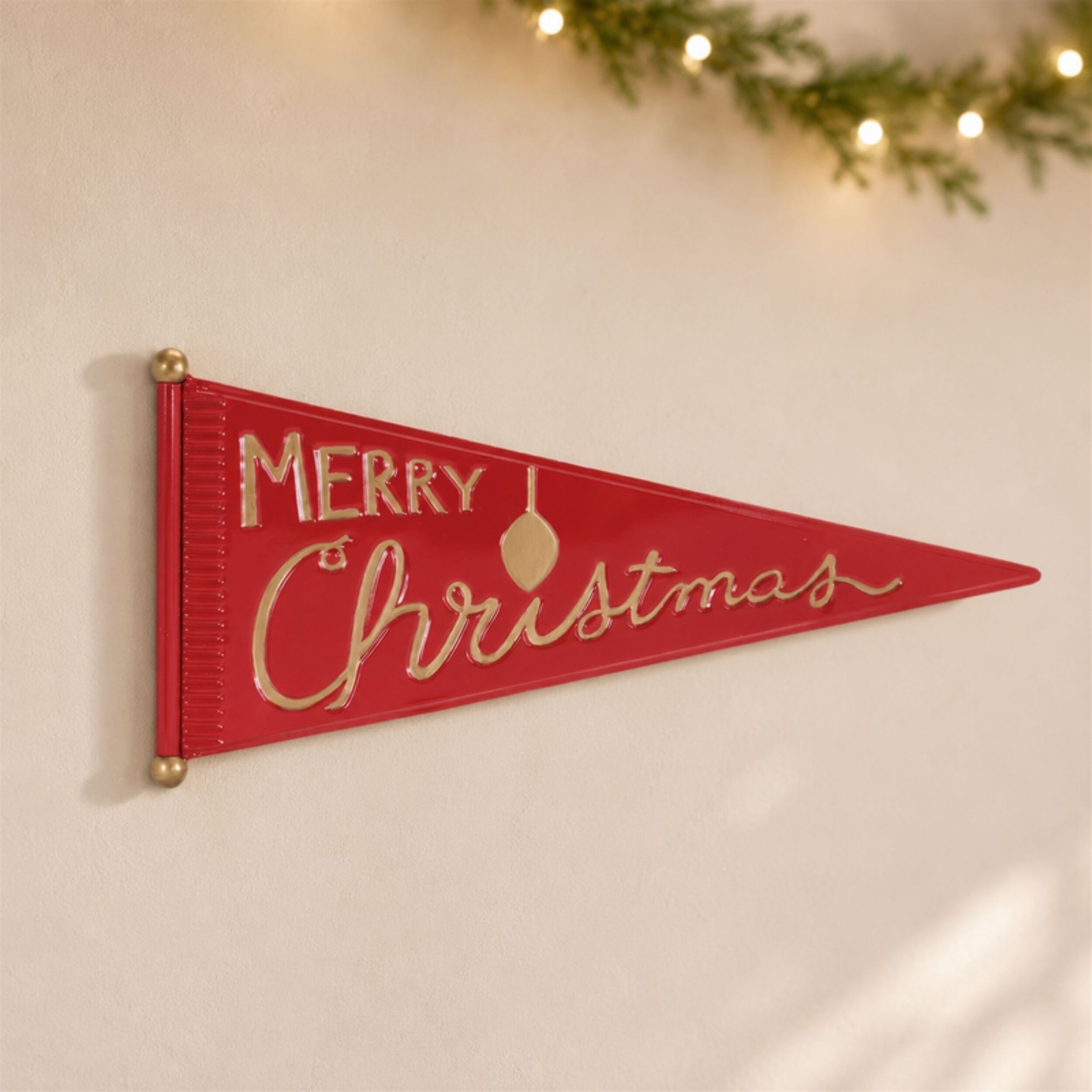 Merry Christmas Metal Pennant Wall Sign 25 inchesL, RED GOLD, alternate image number 1