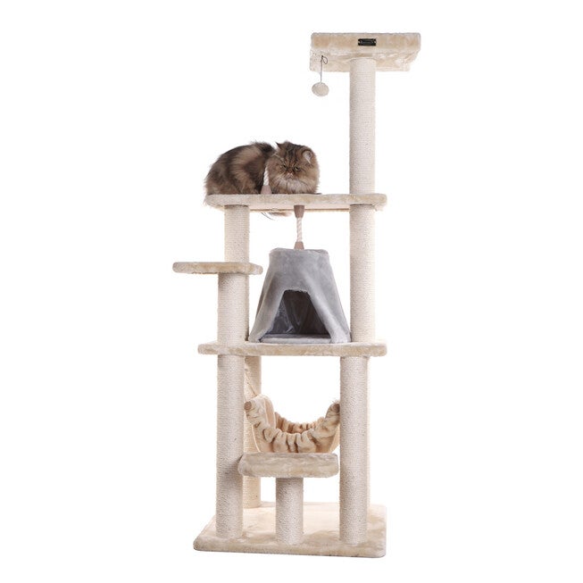 65 inches Real Wood Cat Tree With Sisal Rope, Hammock, Playhouse, , alternate image number null