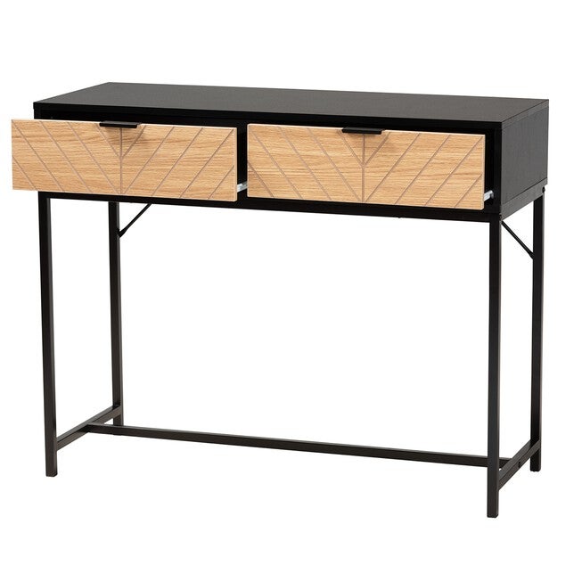 Jacinth Modern Industrial Two-Tone Black And Natural Brown Finished Wood And Black Metal 2-Drawer Console Table, , on-hover image number null