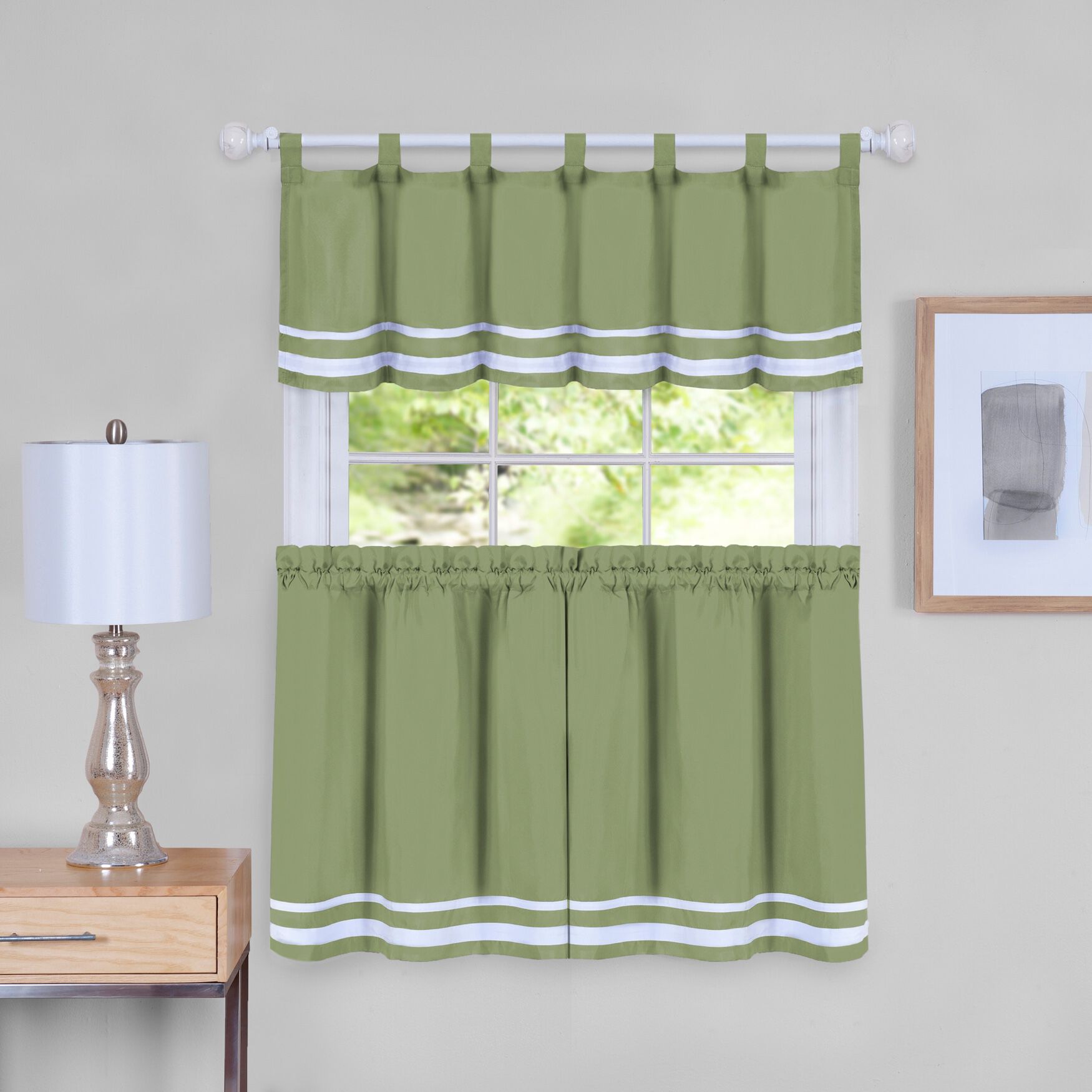 Dakota Window Curtain Tier Pair and Valance Set, GREEN, hi-res image number 0