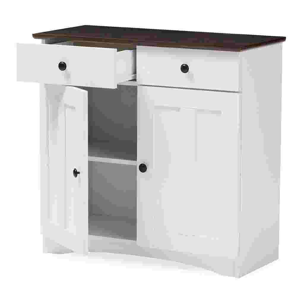 White kitchen cabinet with one door open, showing interior shelves