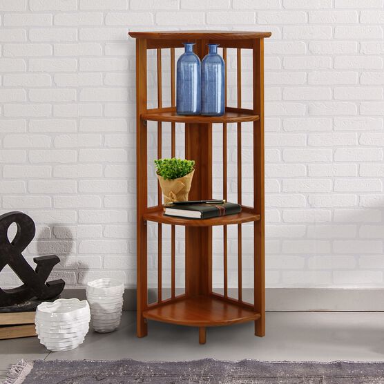 4-Shelf Corner Folding Bookcase-Honey Oak, , alternate image number null