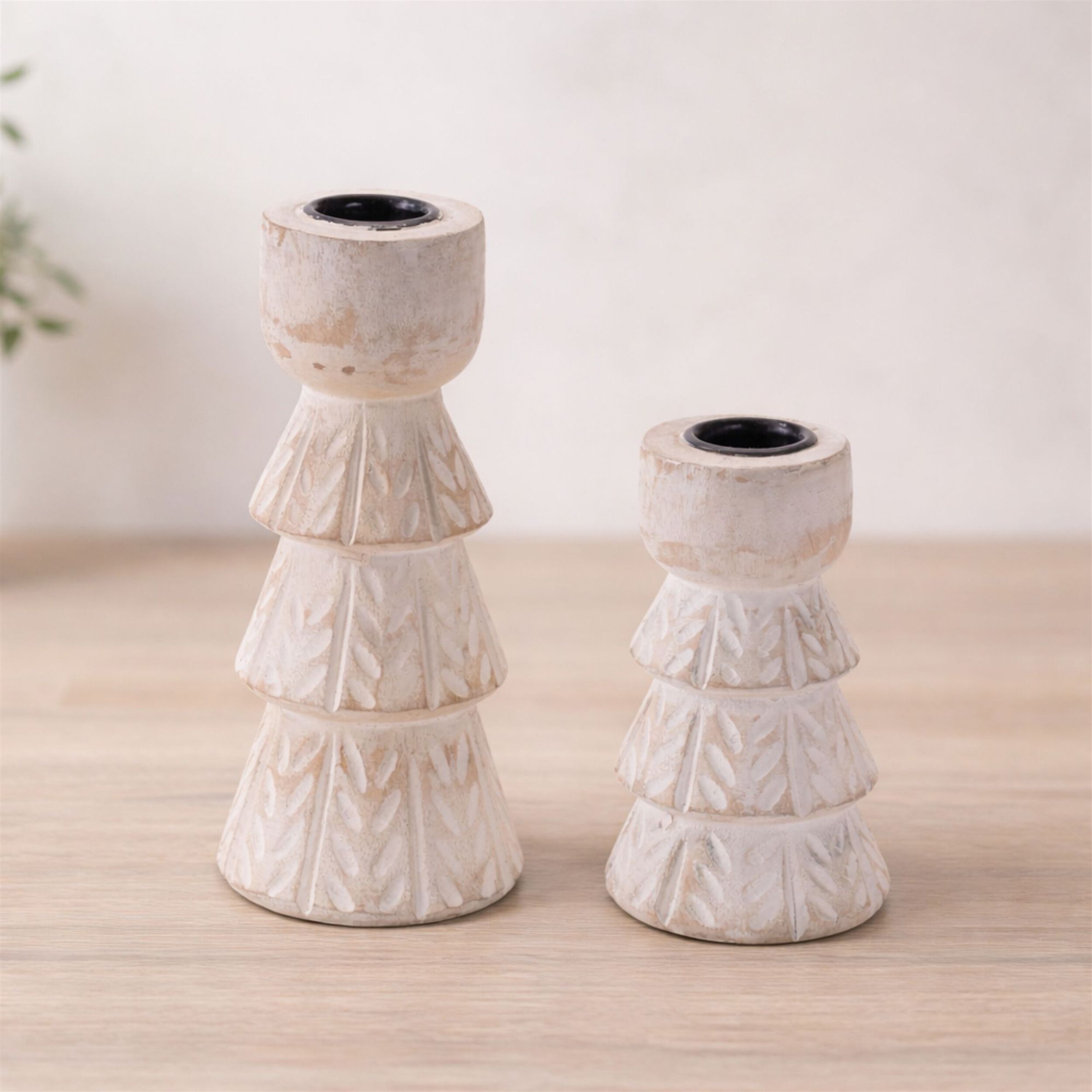 White Washed Wood Taper Candle Holder (Set of 2), WHITE BROWN, alternate image number 1
