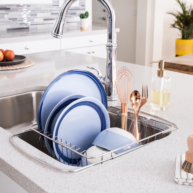 Adjustable Over-Sink Dish Drainer with Cutlery Holder, STAINLESS STEEL, hi-res image number 0