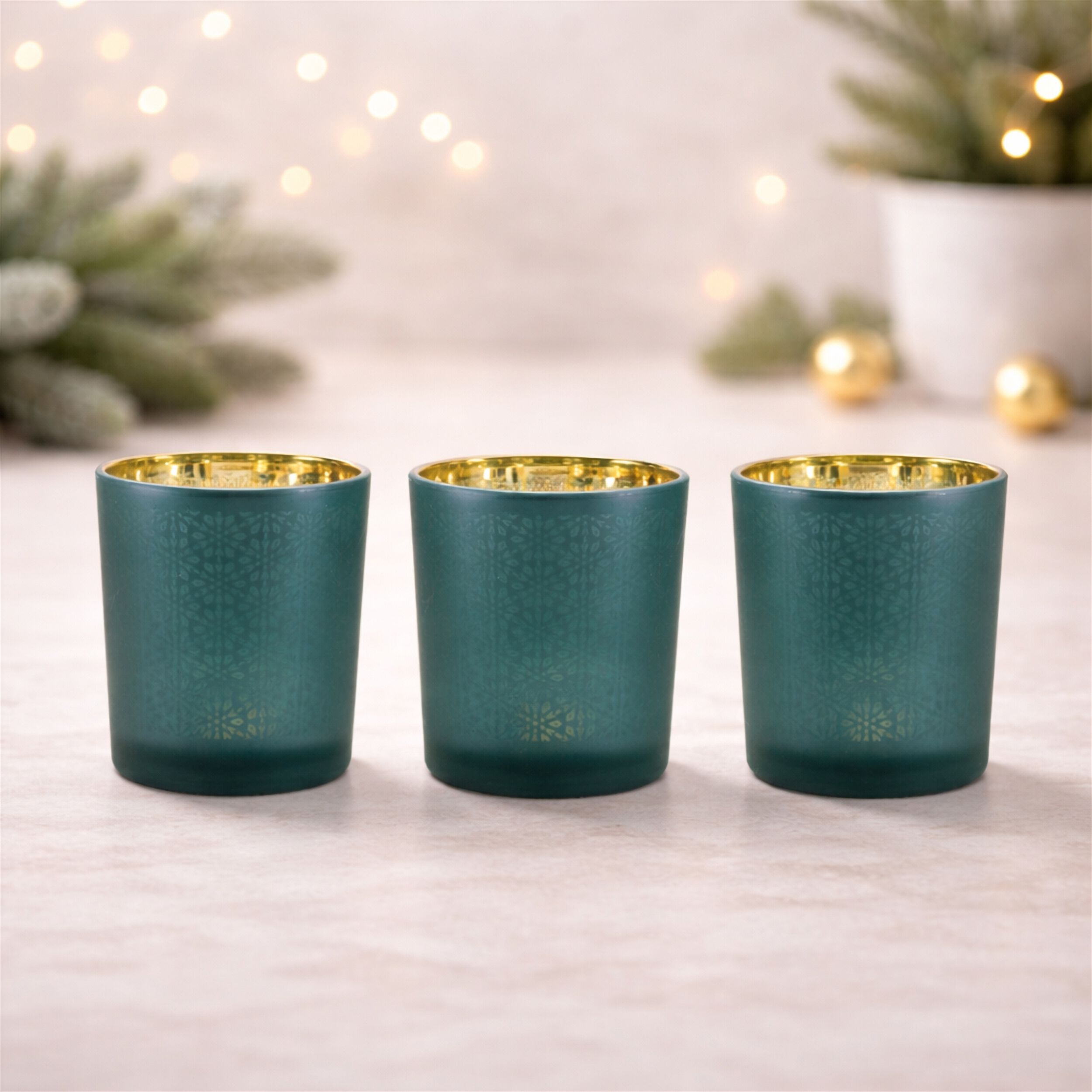 Geometric Patterned Votive Holder (Set of 3), GREEN GOLD, alternate image number 2