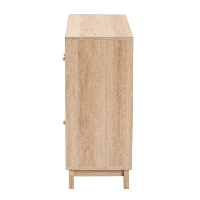 Elsbeth Mid-Century Modern Light Brown Finished Wood And Natural Rattan 3-Door Sideboard, , alternate image number 3