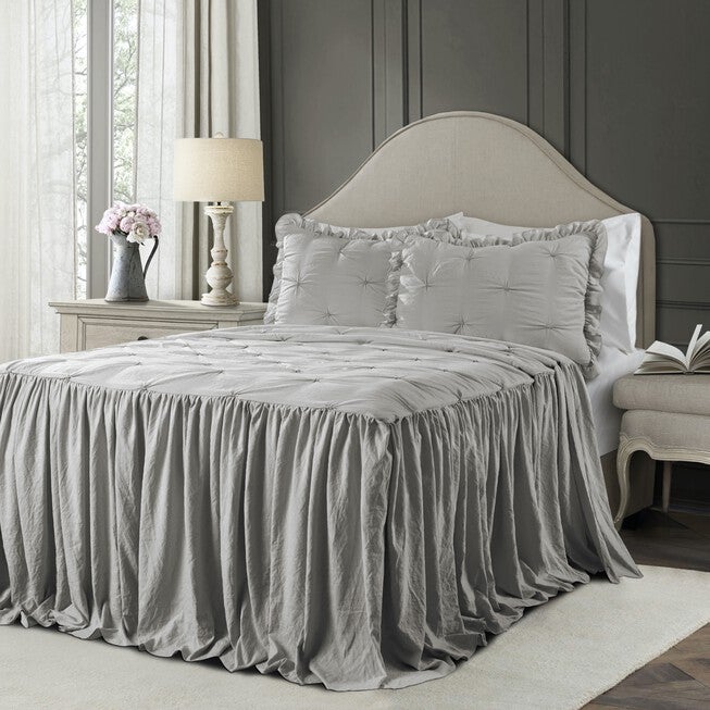 Ravello Pintuck Ruffle Skirt Bedspread 3 Pc Set, LIGHT GRAY, hi-res image number null