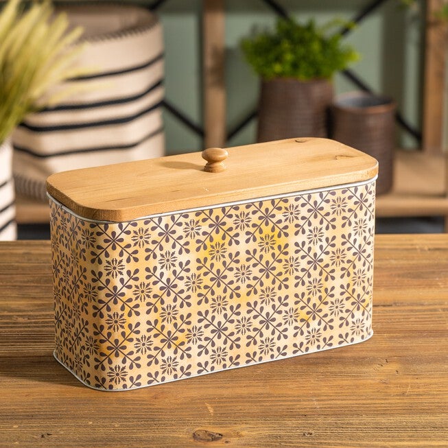 Geometric Canister with Natural Wood Lid 11 inchesL, BLACK/BEIGE, alternate image number null