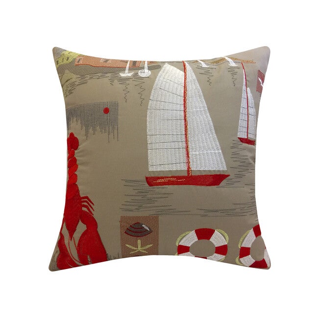 Edie @ Home Indoor/Outdoor Embroidered Lobster Sailing Decorative Throw Pillow 17X17, Khaki, KHAKI MULTI, hi-res image number 0
