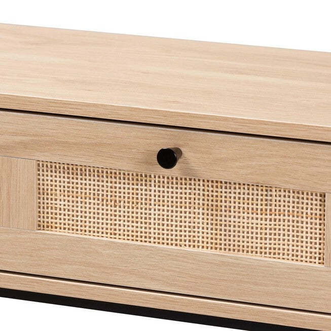 Sherwin Mid-Century Modern Light Brown And Black 2-Drawer Console Table With Woven Rattan Accent, , alternate image number null
