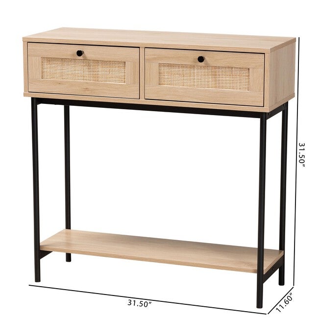 Sherwin Mid-Century Modern Light Brown And Black 2-Drawer Console Table With Woven Rattan Accent, , alternate image number null
