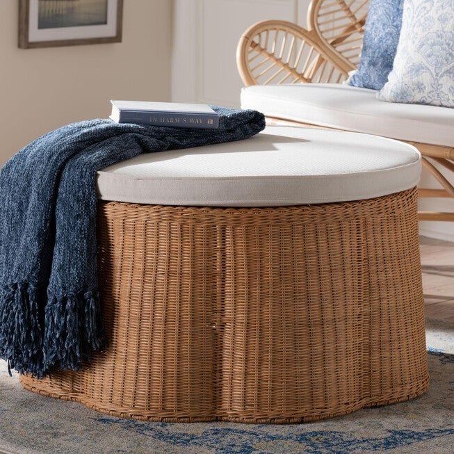 Palm Scallop Natural Rattan Ottoman, 32 inches Round, LIGHT HONEY, hi-res image number null