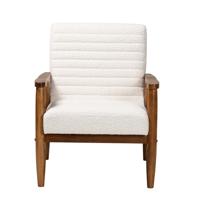 Stratton Mid-Century Modern Cream Boucle Fabric And Walnut Brown Finished Wood Armchair, , on-hover image number 1