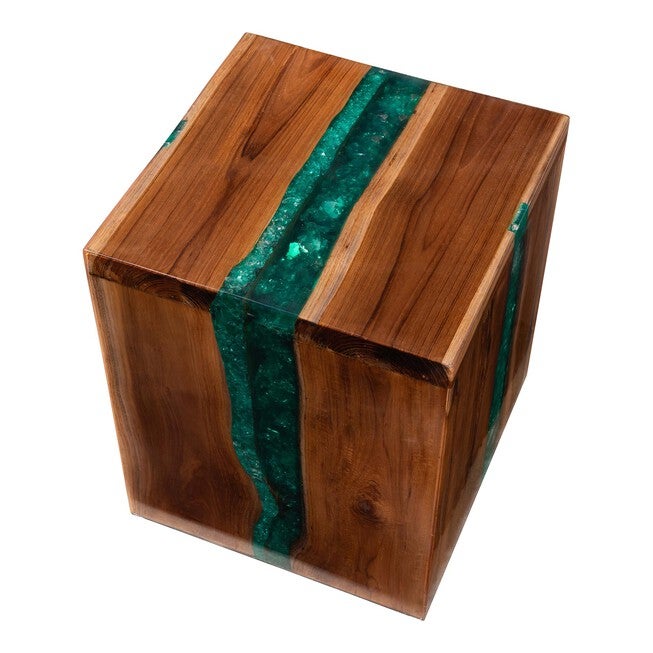 Anan Teak Wood Epoxy Resin End Table, Cube, BROWN, alternate image number 4