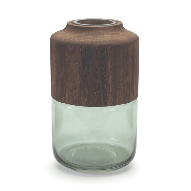 Sage Glass Vase with Wood Accent 11 inchesH, GREEN/BROWN, hi-res image number 0