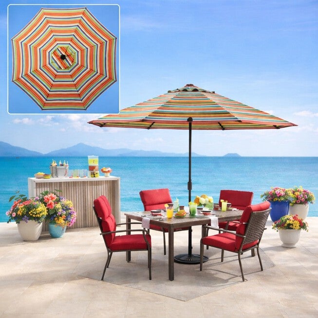 blaine's patio umbrella Blissun 9' Outdoor Umbrella, Striped Patio Umbrella, Outdoor Table Umbrella, Market with 8 Sturdy Ribs, Push Button Tilt and Crank (Black & White Stripe) : Patio, Lawn & Garden which offers better resistance to fading compared to standard polyester PHI VILLA 15 ft. Market