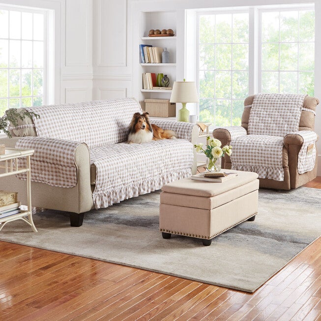 Gingham Ruffled Waterproof Microfiber Sofa Protector, , on-hover image number 1