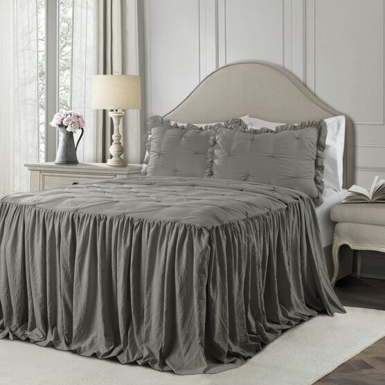 Ravello Pintuck Ruffle Skirt Bedspread 3 Pc Set, DARK GRAY, hi-res image number null
