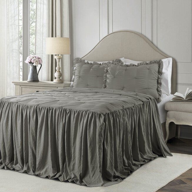 Ravello Pintuck Ruffle Skirt Bedspread 3 Pc Set, DARK GRAY, hi-res image number 0
