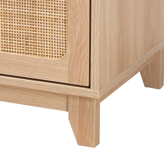 Elsbeth Mid-Century Modern Light Brown Finished Wood And Natural Rattan 1-Drawer End Table, , alternate image number null