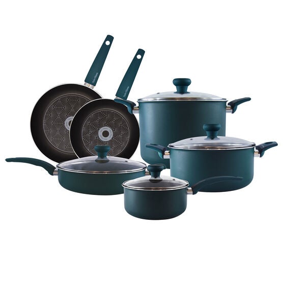 10 Piece Non Stick Aluminum Cookware Set, SEA GREEN, hi-res image number null