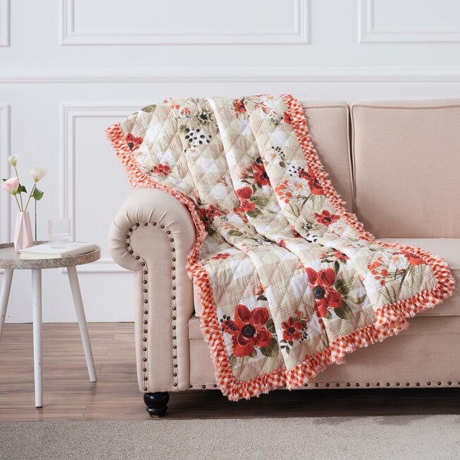 Wheatly Ruffled Gingham Quilted Throw Blanket, TRUFFLE, hi-res image number 0