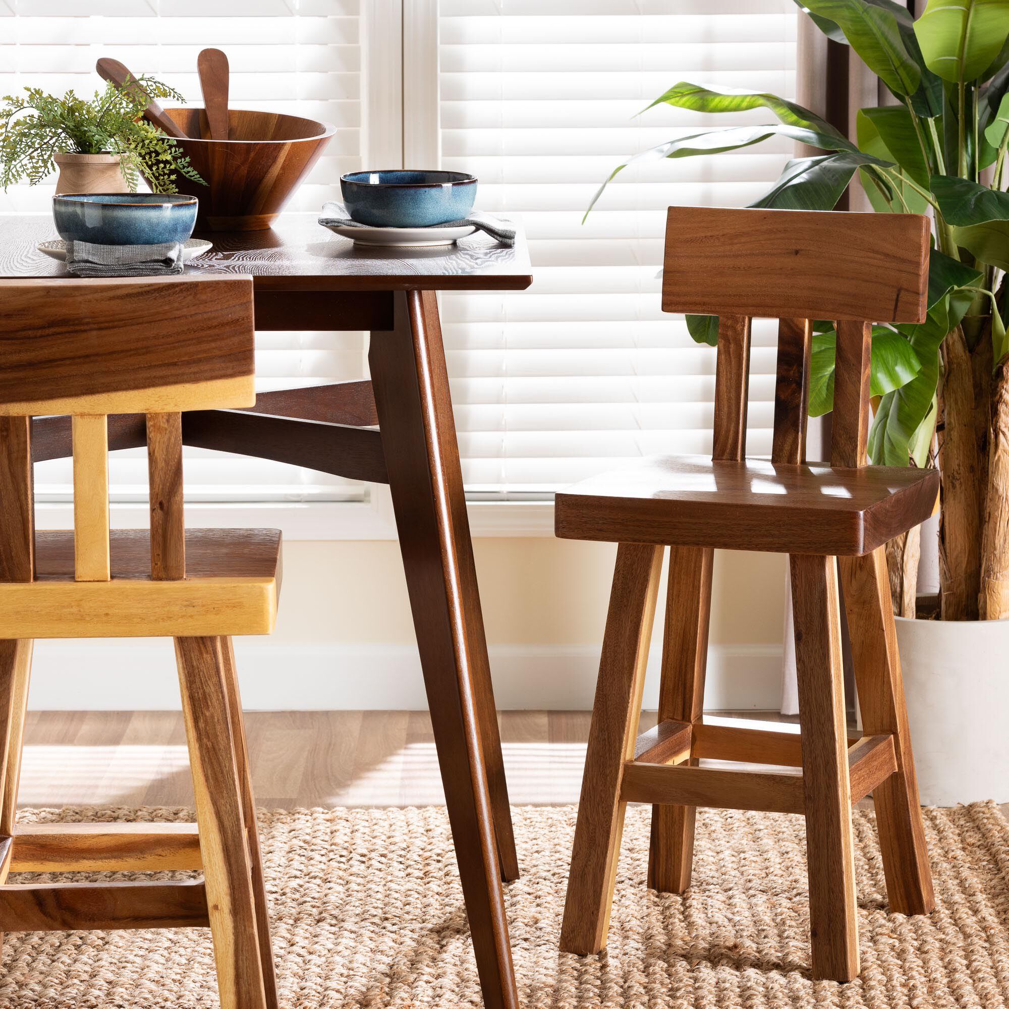 Luli Suar Wood Counter Stool - Handcrafted Solid Wood Stool with Backrest