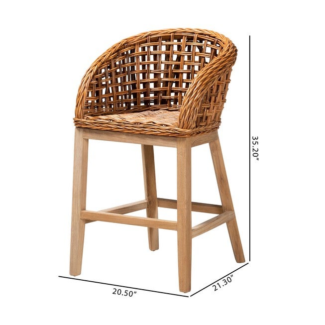 Mario Modern Bohemian Natural Brown Finished Teak Wood And Rattan 2-Piece Counter Stool Set, , alternate image number 8