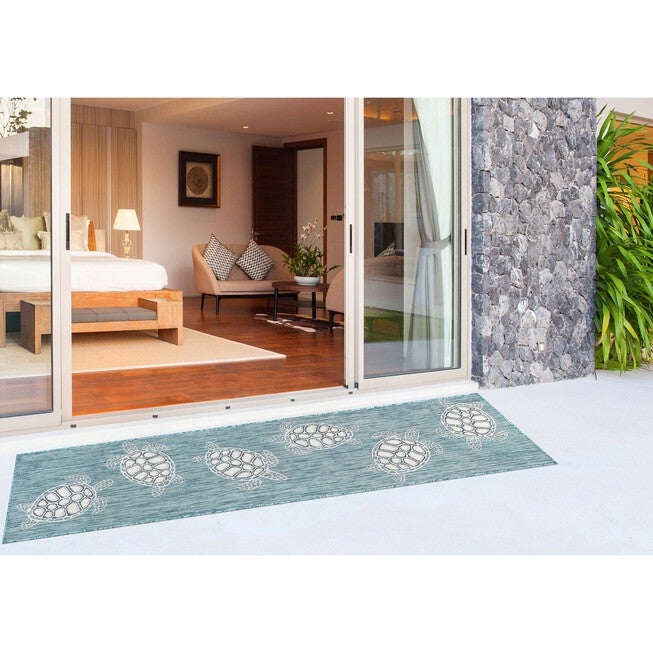 Liora Manne Carmel Seaturtles Indoor/Outdoor Rug Aqua 23 inchesX7 feet 6 inches, , alternate image number null