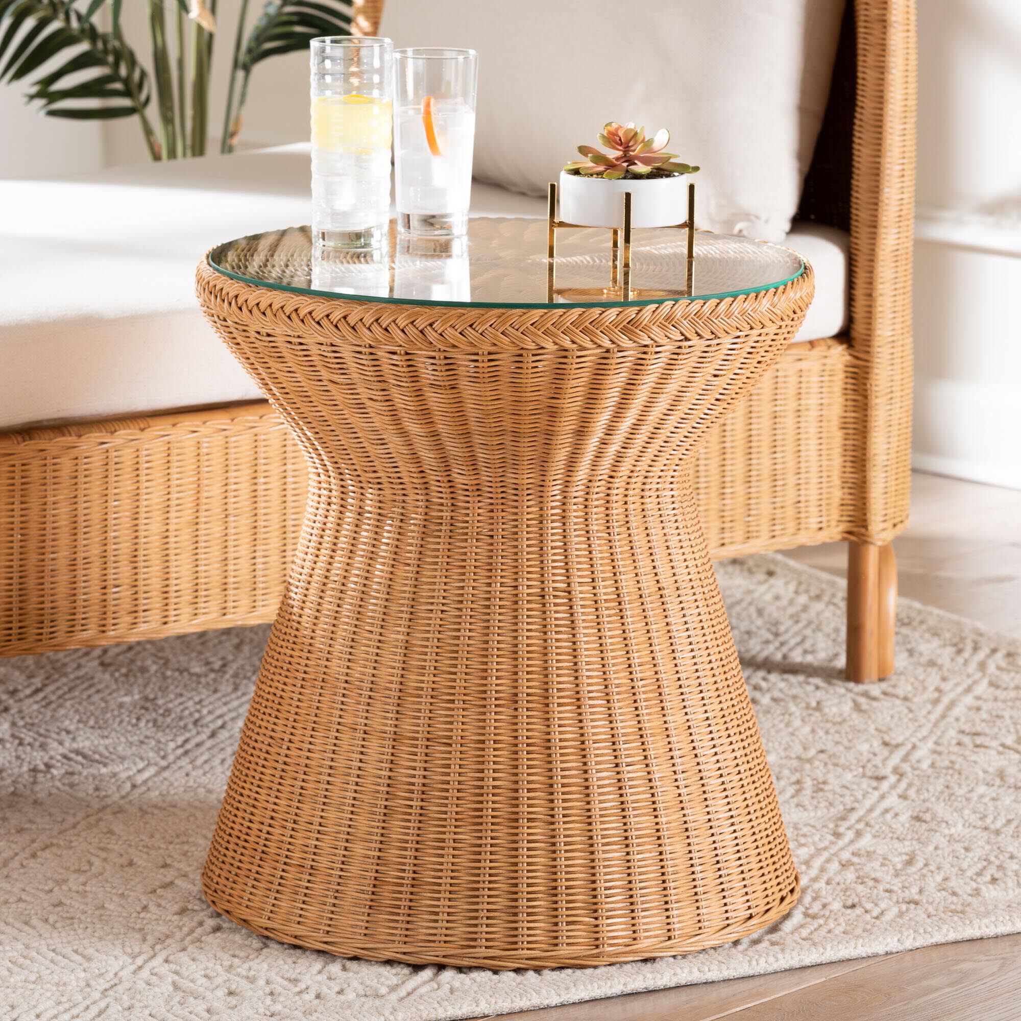 Nina Bohemian Light Honey Braided Rattan End Table with Glass Tabletop, NATURAL, hi-res image number 0