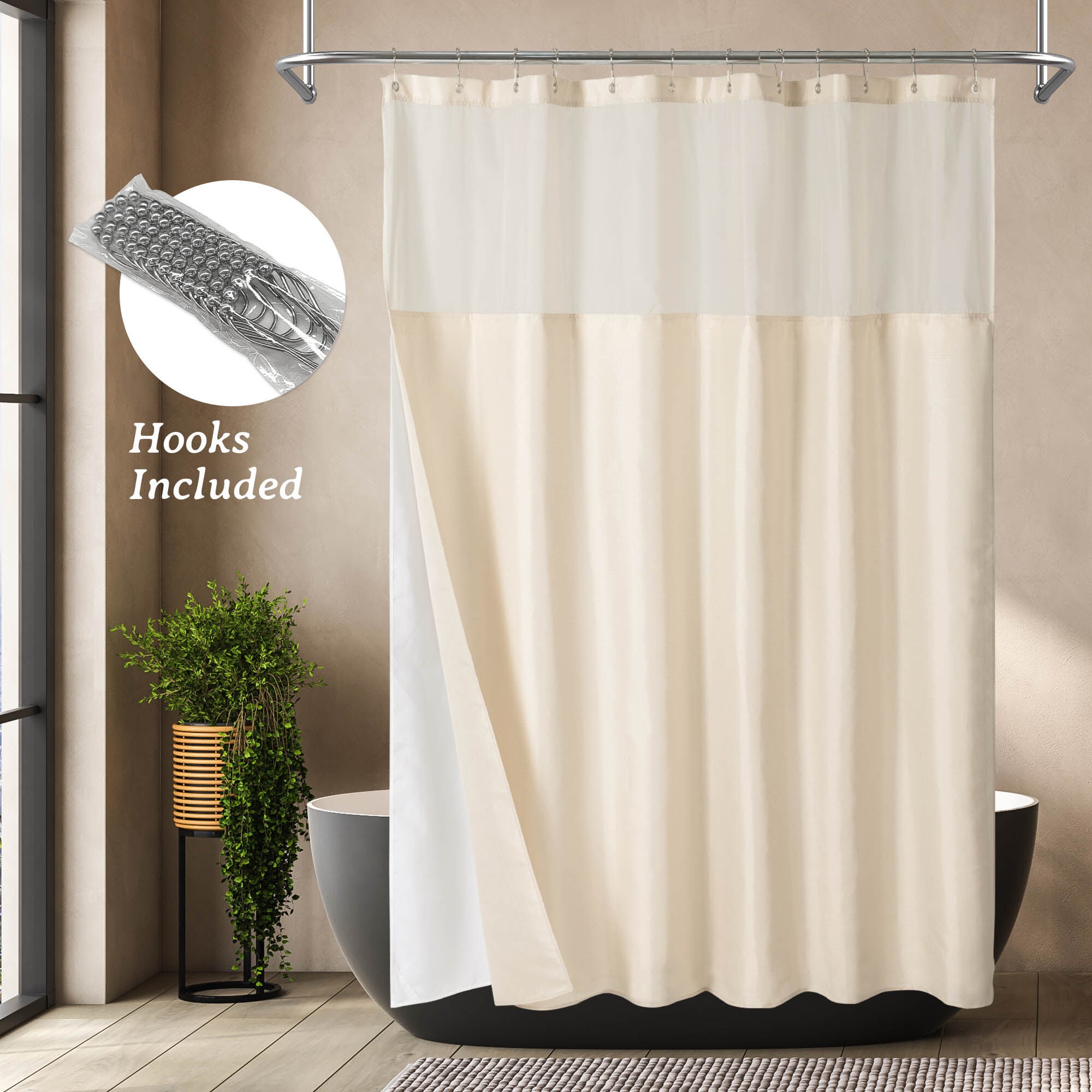 Slub Linen Texture Shower Curtain with Snap-in Liner, Hooks Included