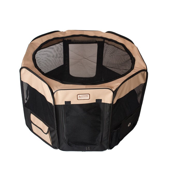 Portable Pet Dog Kitten Playpen In Black And Beige Combo, , alternate image number null