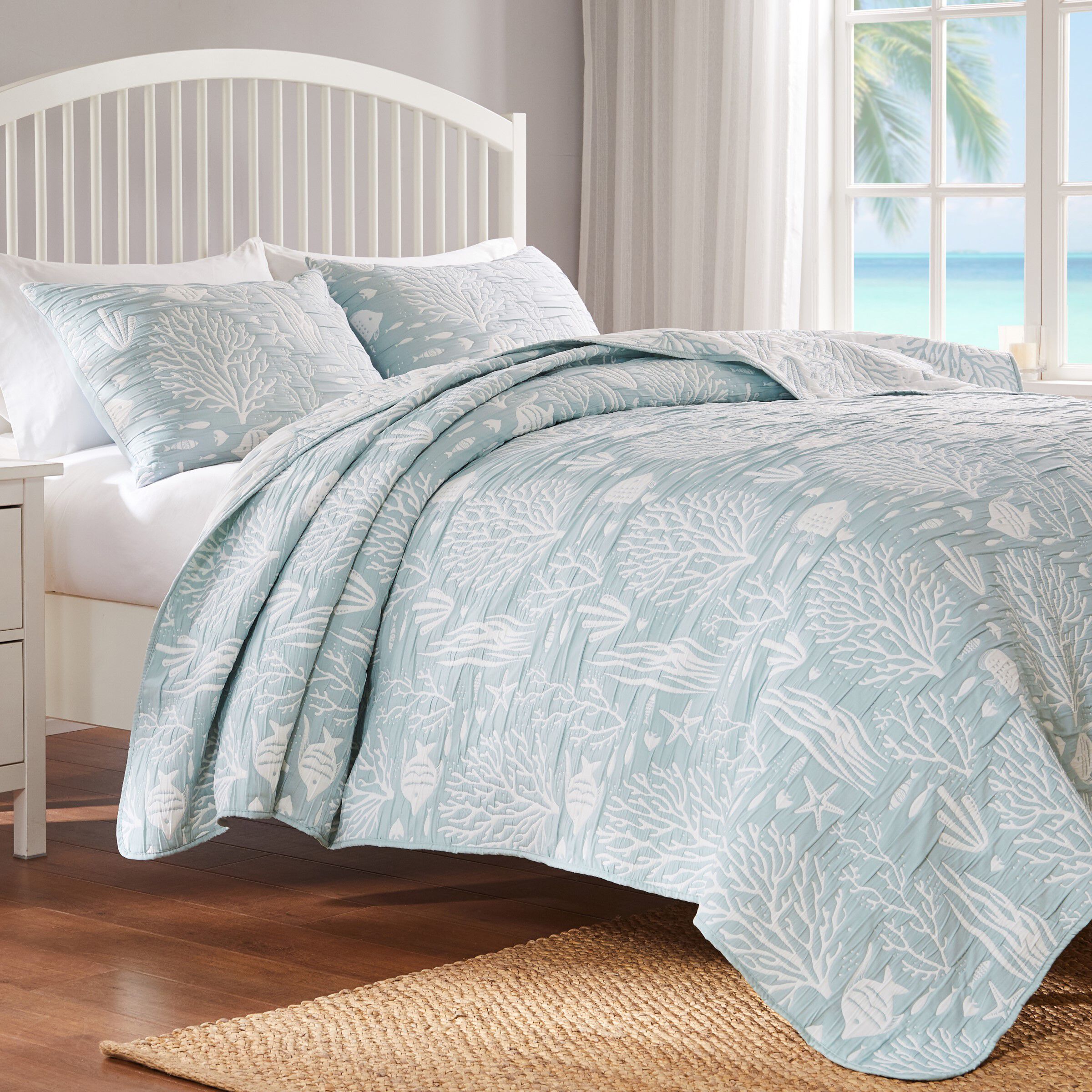 Greenland Home Fashions Marina Reversible Matelassé Coverlet Set, 3-Piece Full/Queen, Seafoam, SEAFOAM, hi-res image number 0