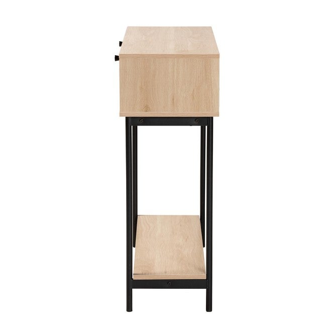Sherwin Mid-Century Modern Light Brown And Black 2-Drawer Console Table With Woven Rattan Accent, , alternate image number null