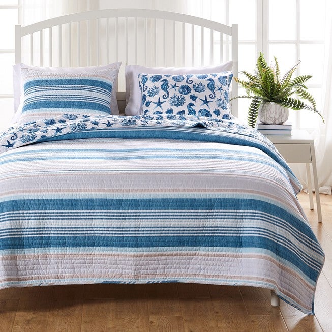 Pebble Beach Quilt And Pillow Sham Set, BLUE, hi-res image number 0