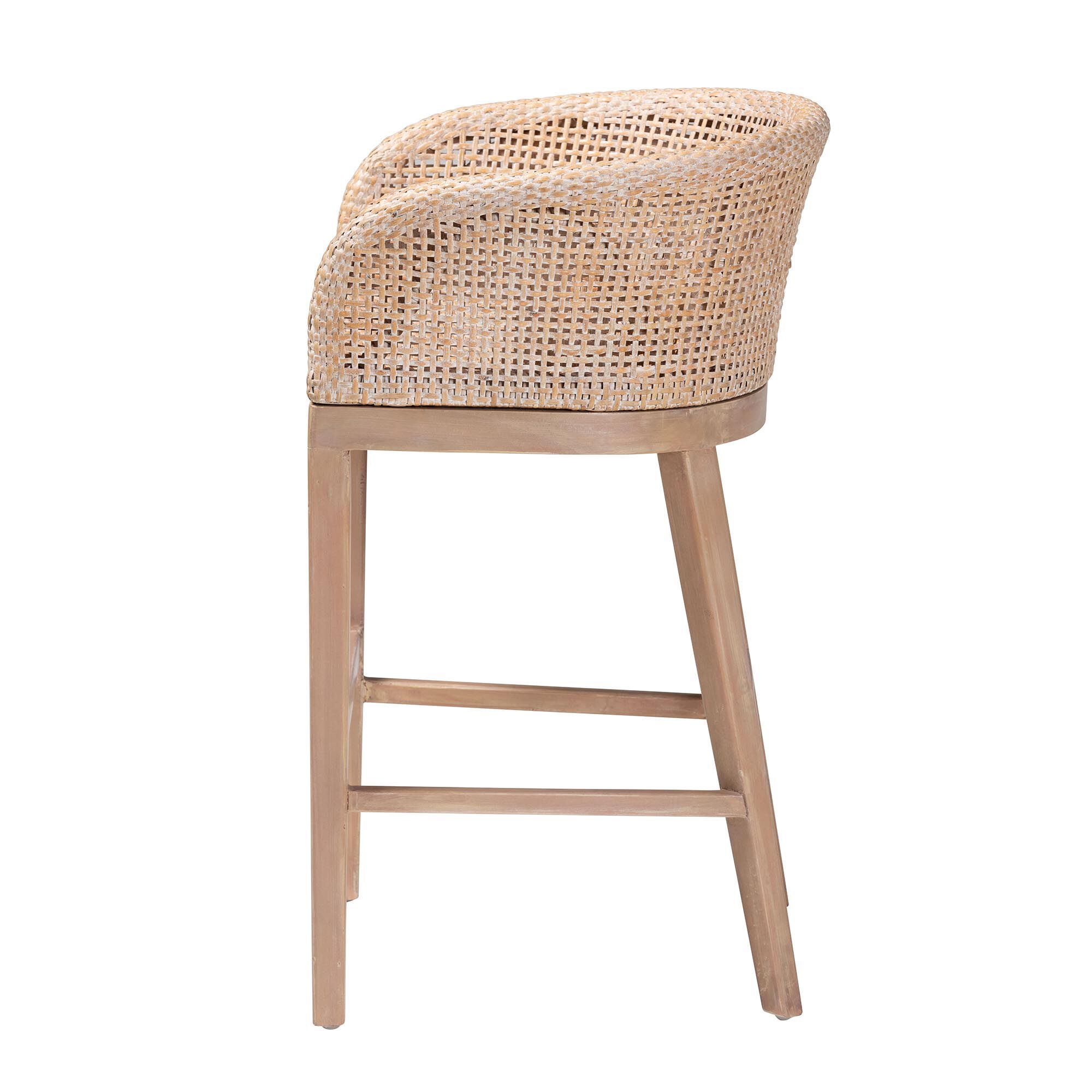 Papua Modern Bohemian Antique White Washed Rattan and Mahogany Wood Counter Stool, BROWN, alternate image number 3
