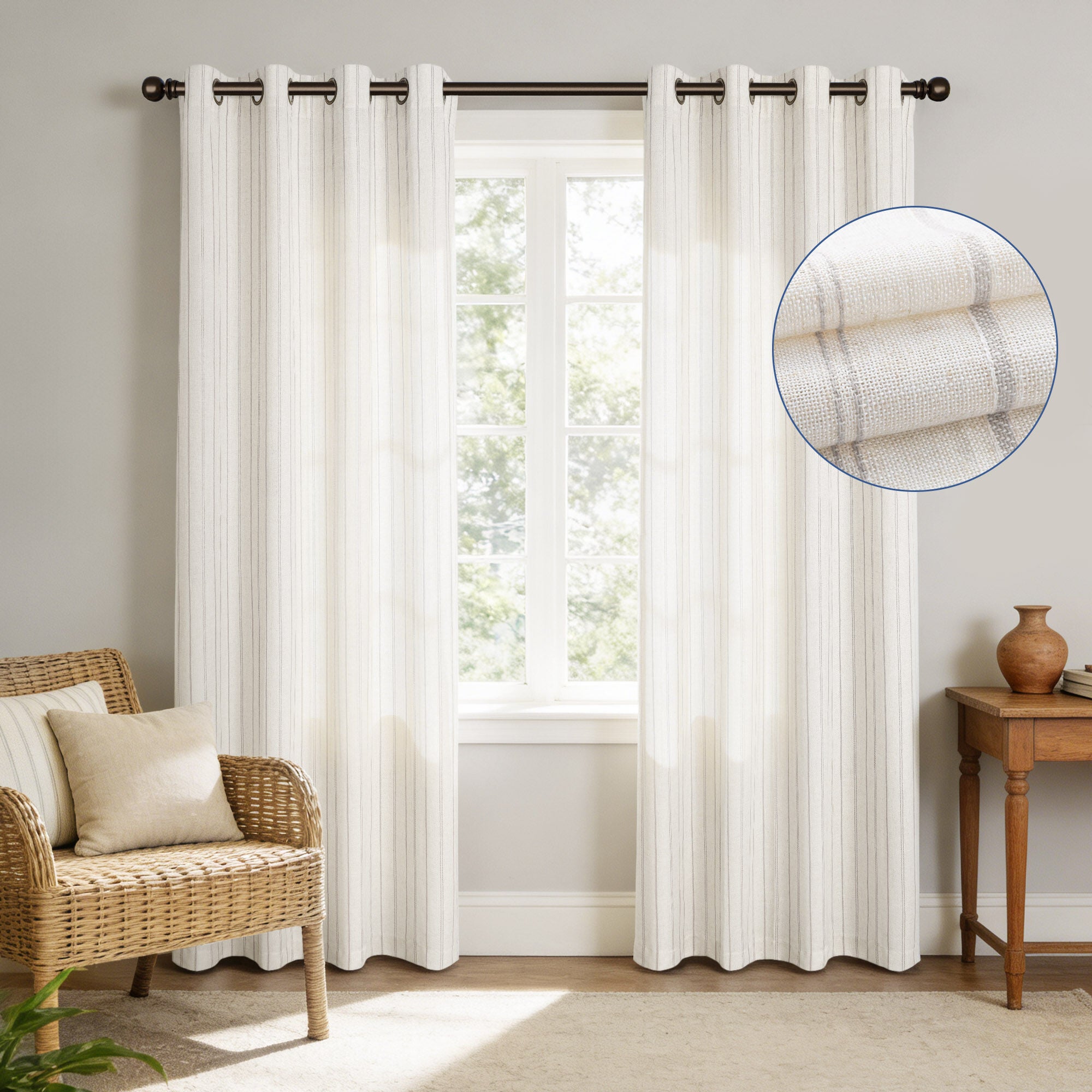 Linen Blend Woven Stripe Grommet Light Filtering Curtain Pair
