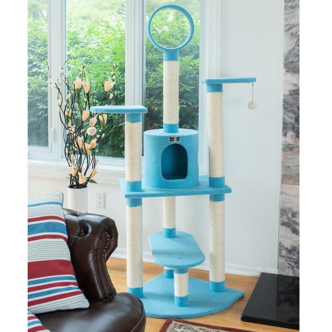 Classic 65 inches Real Wood Five Levels Cat Tree With Perch, Condo, Hanging Tunnel, , on-hover image number null