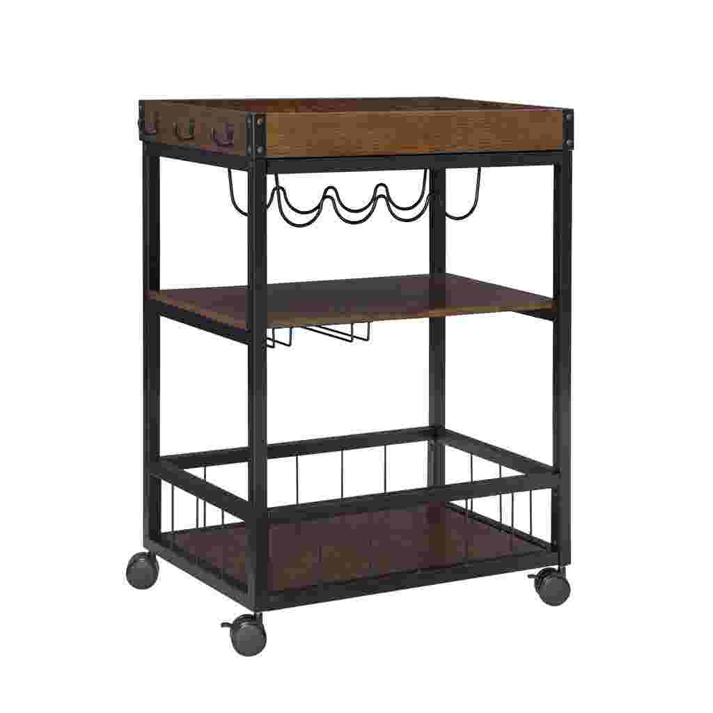 Austin Kitchen Cart with a wooden top and metal frame, featuring a wine glass holder and shelves, on a white background.