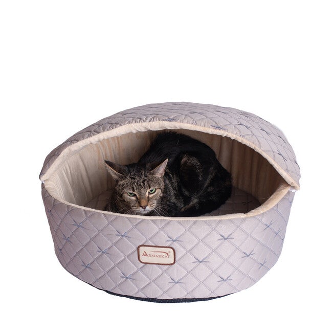 Cuddle Cave Cat Bed With Detachable & Collasible Zipper Top, Medium, Pale Silver and Beige, SILVER, hi-res image number 0