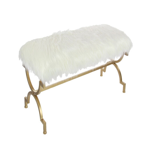 White Fur and Metal Contemporary Bench, 20x42x17, BROWN, hi-res image number null