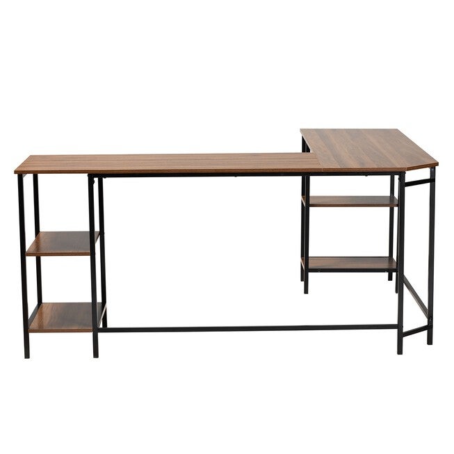 Lydia Modern Walnut Brown Finished Wood And Black Metal L-Shaped Corner Desk With Shelves, , alternate image number 3