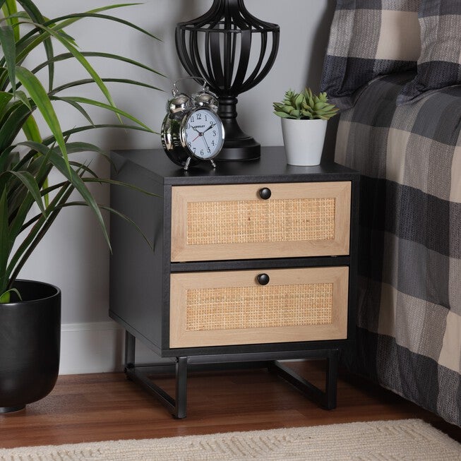 Declan Mid-Century Modern Espresso Brown Finished Wood And Natural Rattan 2-Drawer Nightstand, , alternate image number 7