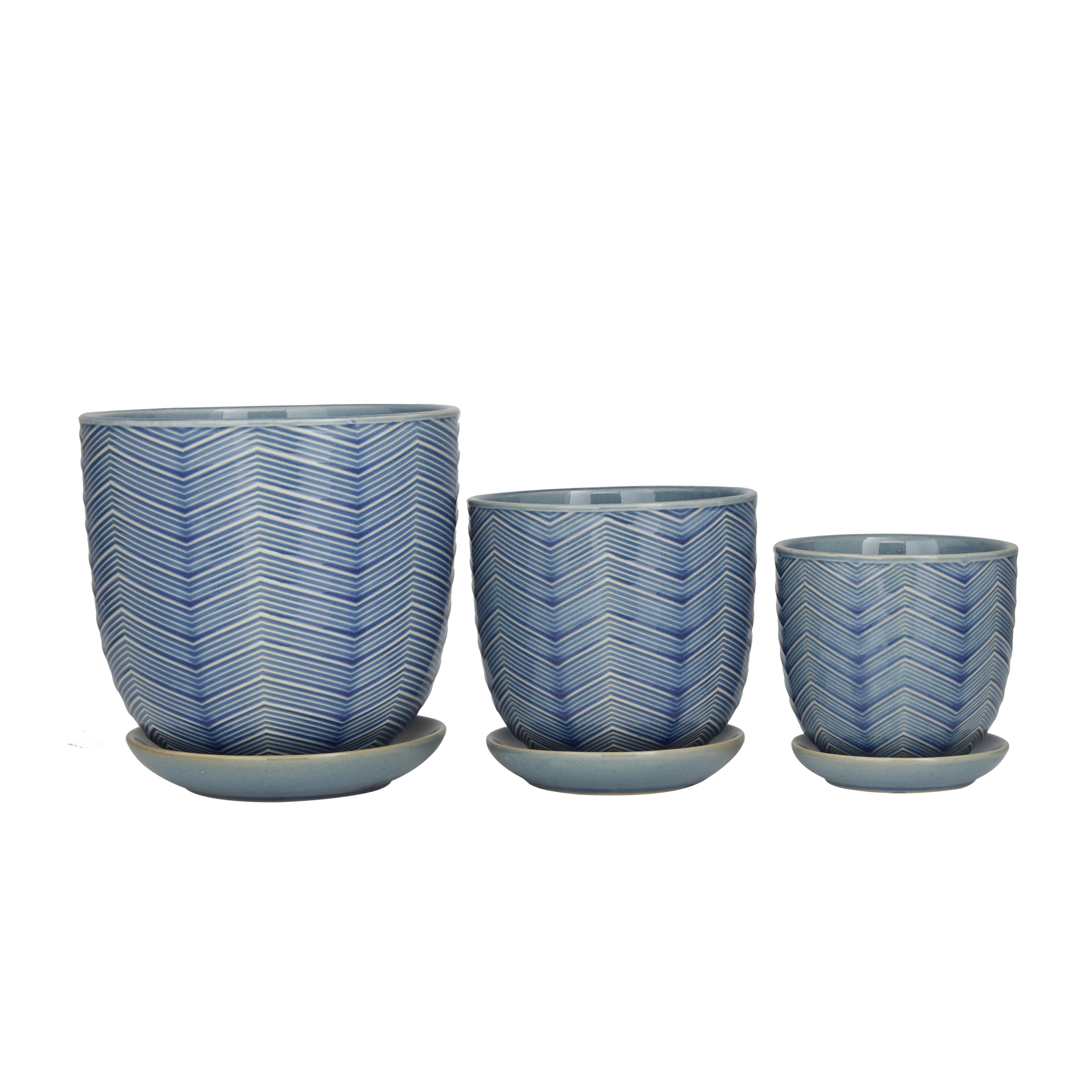 Blue Porcelain Ceramic  Indoor Outdoor Planter with Attached Saucer, Set of 3 8 inches, 6 inches, 5 inchesH, BLUE, hi-res image number 0