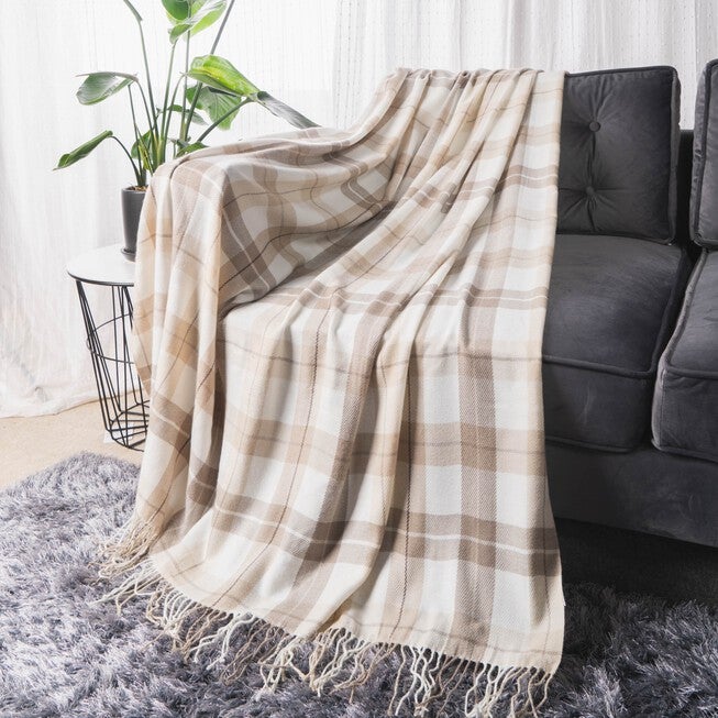 Battilo Home Grey and White Plaid Fringed Cashmere Shawl /Throw/ Blanket, 49 inches x 63 inches, GREY WHITE, hi-res image number 0