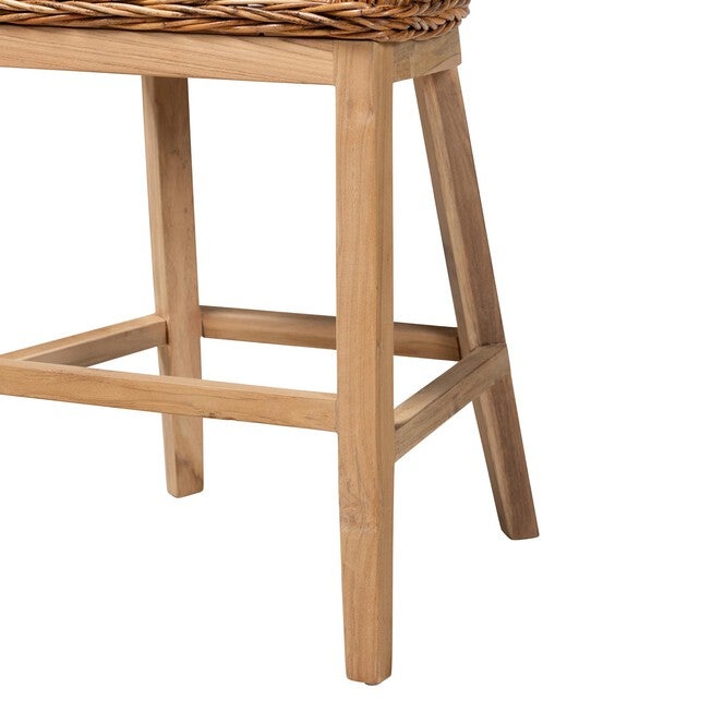 Mario Modern Bohemian Natural Brown Finished Teak Wood And Rattan 2-Piece Counter Stool Set, , alternate image number 4