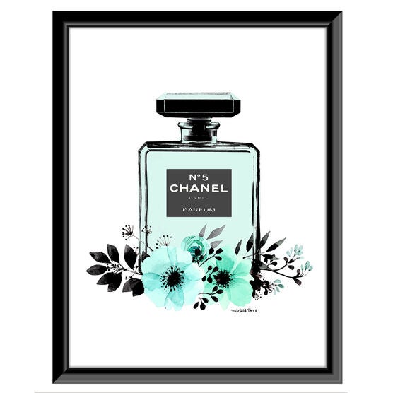 Chanel Bottle Floral - Teal / White - 14x18 Framed Print ...
