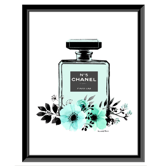 Chanel Bottle Floral - Teal / White - 14x18 Framed Print