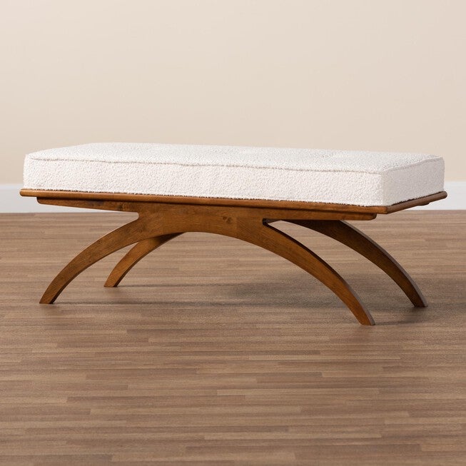 Orella Japandi Cream Boucle Fabric And Walnut Brown Finished Wood Bench, , alternate image number null