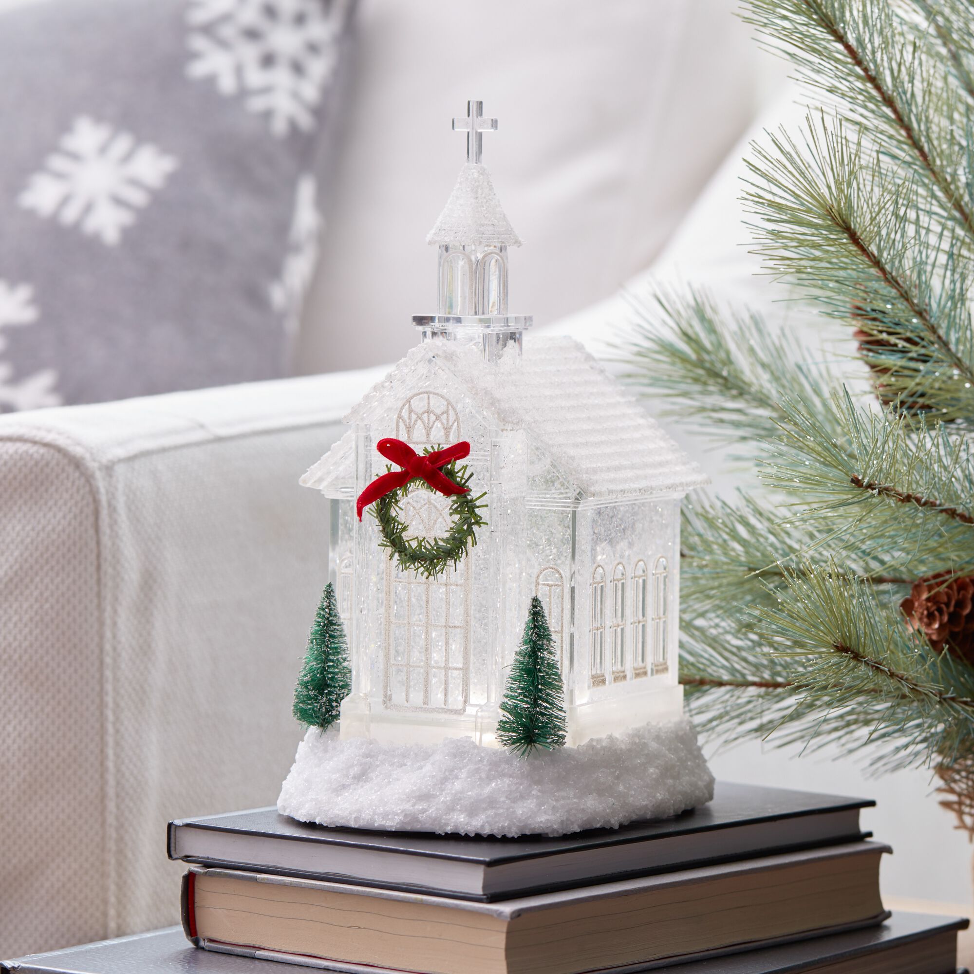 LED Church Snow Globe with Pine Accents 10.5 inchesH, WHITE RED, alternate image number 1